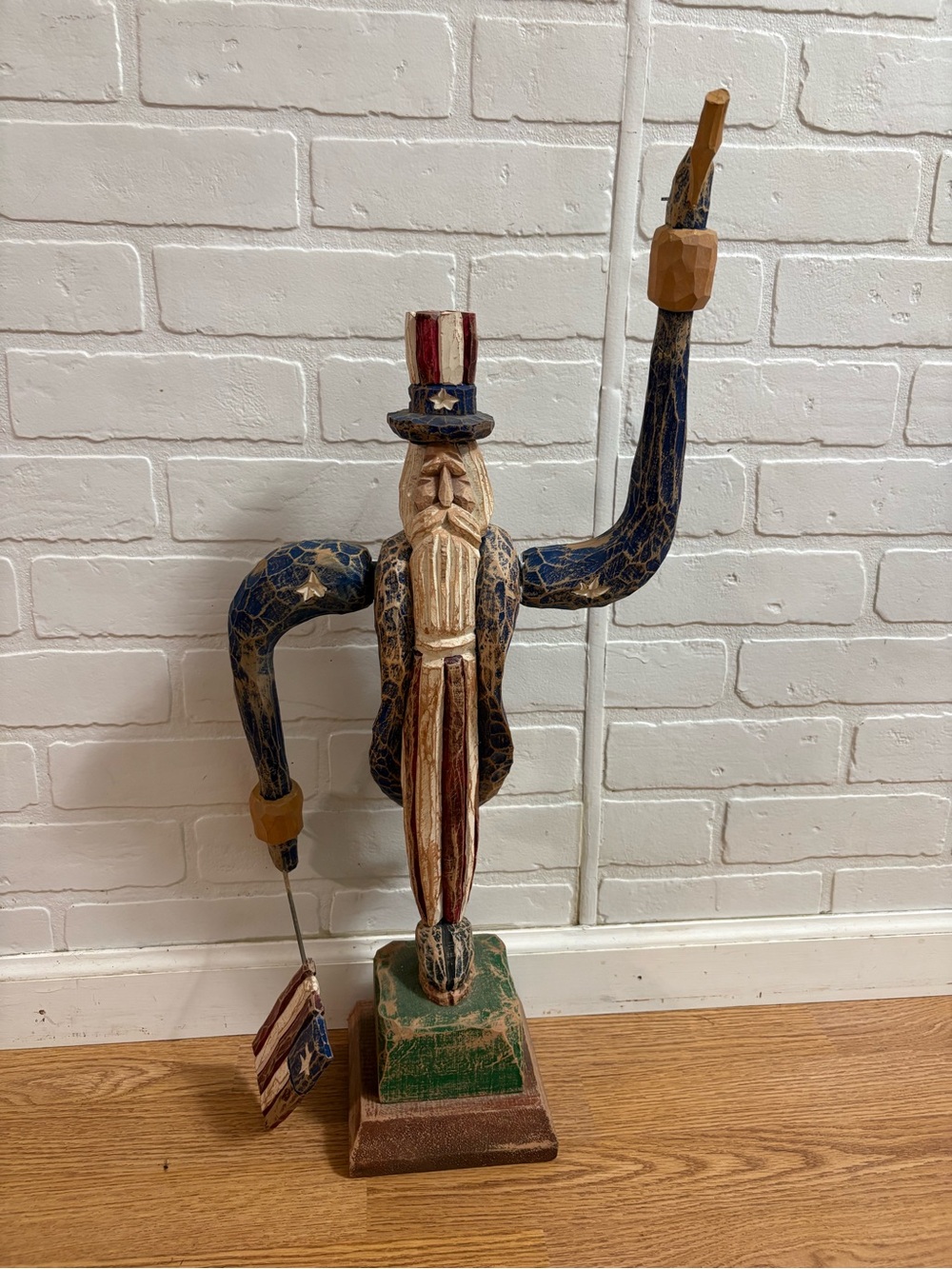 Vintage Folk Art 22" Hand Made Wooden Uncle Sam Figurine Statue Movable Arms